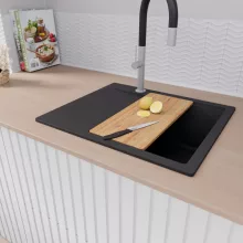 HD Onyx Black 58 egymedencés gránit mosogatótálca szett, csepegtetőtálcával, vágódeszkával, acél csepegtetőráccsal és kosárral, matt fekete színben, szálcsiszolt króm leeresztő szifonnal