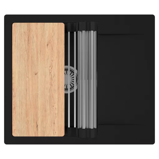 HD Onyx Black 58 egymedencés gránit mosogatótálca szett, csepegtetőtálcával, vágódeszkával, acél csepegtetőráccsal, matt fekete színben, szálcsiszolt króm leeresztő szifonnal