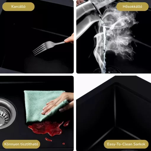 HD Onyx Black 58 egymedencés gránit mosogatótálca szett, csepegtetőtálcával, vágódeszkával, acél csepegtetőráccsal, matt fekete színben, szálcsiszolt króm leeresztő szifonnal