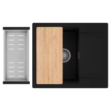 HD Onyx Black 58 egymedencés gránit mosogatótálca szett, csepegtetőtálcával, vágódeszkával, acél csepegtetőkosárral, matt fekete színben, szálcsiszolt króm leeresztő szifonnal