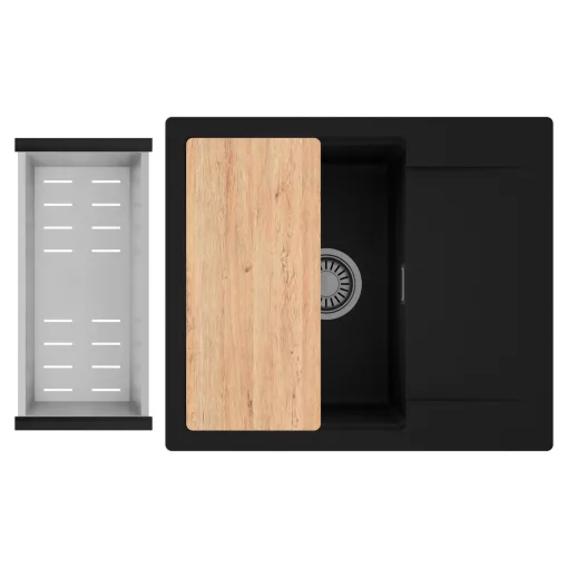 HD Onyx Black 58 egymedencés gránit mosogatótálca szett, csepegtetőtálcával, vágódeszkával, acél csepegtetőkosárral, matt fekete színben, szálcsiszolt króm leeresztő szifonnal