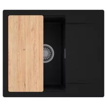 HD Onyx Black 58 egymedencés gránit mosogatótálca, vágódeszkával, matt fekete színben, szálcsiszolt króm leeresztő szifonnal