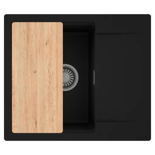 HD Onyx Black 58 egymedencés gránit mosogatótálca, vágódeszkával, matt fekete színben, szálcsiszolt króm leeresztő szifonnal