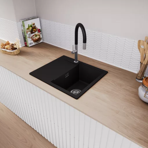 HD Onyx Black 58 egymedencés gránit mosogatótálca, vágódeszkával, matt fekete színben, szálcsiszolt króm leeresztő szifonnal