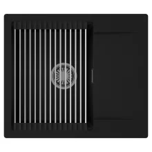 HD Onyx Black 58 egymedencés mosogatótálca szett, acél csepegtetőráccsal, csepegtetőtálcával, matt fekete színben, szálcsiszolt króm leeresztő szifonnal