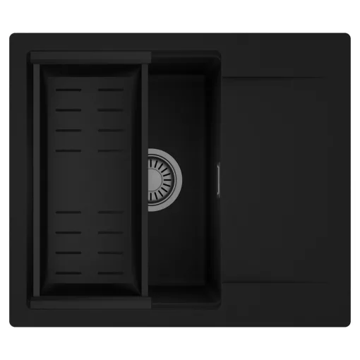 HD Onyx Black 58 egymedencés mosogatótálca szett, matt fekete csepegtetőkosárral, csepegtetőtálcával, matt fekete színben, szálcsiszolt króm leeresztő szifonnal