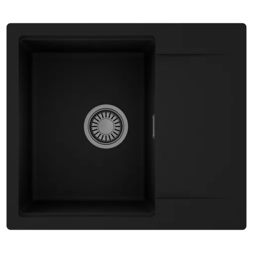 HD Onyx Black 58 egymedencés mosogatótálca, csepegtetőtálcával, matt fekete színben, szálcsiszolt króm leeresztő szifonnal