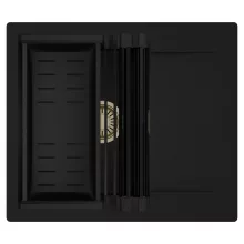 HD Onyx Black 58 egymedencés mosogatótálca szett, matt fekete csepegtetőráccsal és kosárral, csepegtetőtálcával, matt fekete színben, szálcsiszolt arany leeresztő szifonnal