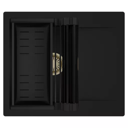 HD Onyx Black 58 egymedencés mosogatótálca szett, matt fekete csepegtetőráccsal és kosárral, csepegtetőtálcával, matt fekete színben, szálcsiszolt arany leeresztő szifonnal