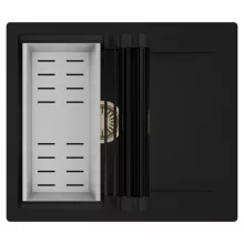 HD Onyx Black 58 egymedencés mosogatótálca szett, matt fekete csepegtetőráccsal és krómozott kosárral, csepegtetőtálcával, matt fekete színben, szálcsiszolt arany leeresztő szifonnal