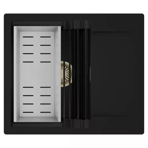 HD Onyx Black 58 egymedencés mosogatótálca szett, matt fekete csepegtetőráccsal és krómozott kosárral, csepegtetőtálcával, matt fekete színben, szálcsiszolt arany leeresztő szifonnal