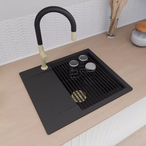 HD Onyx Black 58 egymedencés mosogatótálca szett, matt fekete csepegtetőráccsal és krómozott kosárral, csepegtetőtálcával, matt fekete színben, szálcsiszolt arany leeresztő szifonnal