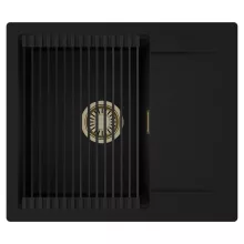 HD Onyx Black 58 egymedencés mosogatótálca szett, matt fekete csepegtetőráccsal, csepegtetőtálcával, matt fekete színben, szálcsiszolt arany leeresztő szifonnal