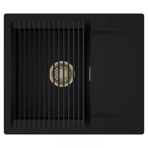HD Onyx Black 58 egymedencés mosogatótálca szett, matt fekete csepegtetőráccsal, csepegtetőtálcával, matt fekete színben, szálcsiszolt arany leeresztő szifonnal