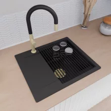 HD Onyx Black 58 egymedencés mosogatótálca szett, matt fekete csepegtetőráccsal, csepegtetőtálcával, matt fekete színben, szálcsiszolt arany leeresztő szifonnal