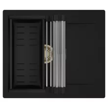 HD Onyx Black 58 egymedencés mosogatótálca szett, acél csepegtetőráccsal és matt fekete kosárral, csepegtetőtálcával, matt fekete színben, szálcsiszolt arany leeresztő szifonnal