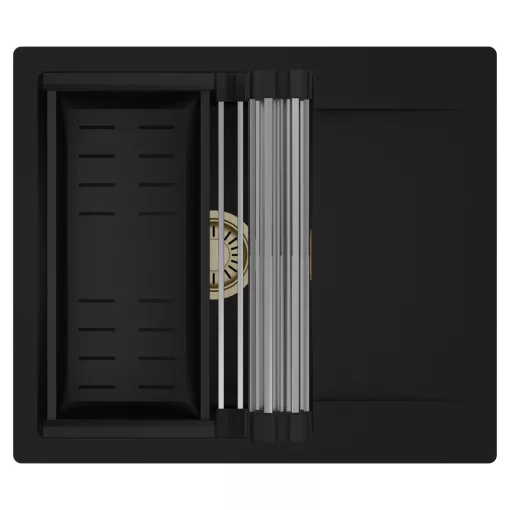 HD Onyx Black 58 egymedencés mosogatótálca szett, acél csepegtetőráccsal és matt fekete kosárral, csepegtetőtálcával, matt fekete színben, szálcsiszolt arany leeresztő szifonnal