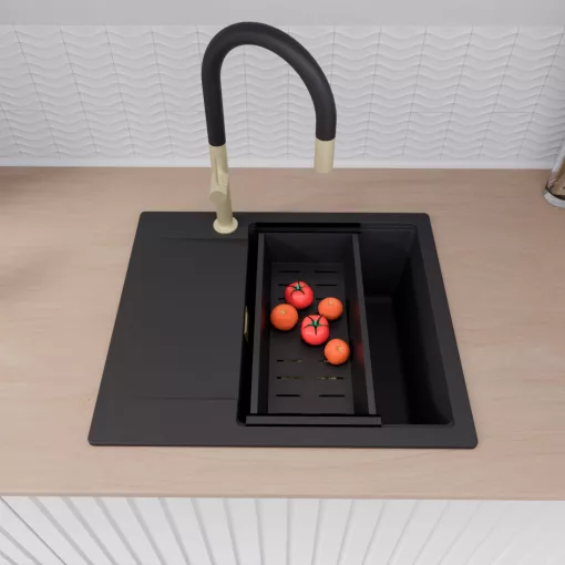 HD Onyx Black 58 egymedencés mosogatótálca szett, acél csepegtetőráccsal és matt fekete kosárral, csepegtetőtálcával, matt fekete színben, szálcsiszolt arany leeresztő szifonnal