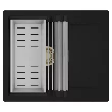 HD Onyx Black 58 egymedencés mosogatótálca szett, acél csepegtetőráccsal és kosárral, csepegtetőtálcával, matt fekete színben, szálcsiszolt arany leeresztő szifonnal