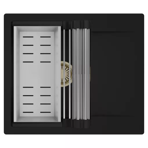 HD Onyx Black 58 egymedencés mosogatótálca szett, acél csepegtetőráccsal és kosárral, csepegtetőtálcával, matt fekete színben, szálcsiszolt arany leeresztő szifonnal