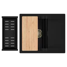 HD Onyx Black 58 egymedencés gránit mosogatótálca szett, csepegtetőtálcával, vágódeszkával, matt fekete csepegtetőráccsal és kosárral, matt fekete színben, szálcsiszolt arany leeresztő szifonnal