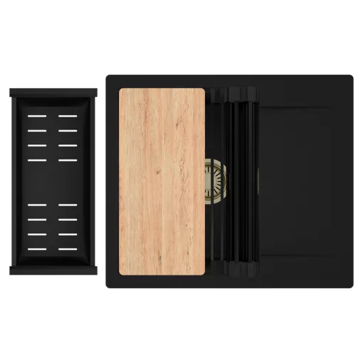 HD Onyx Black 58 egymedencés gránit mosogatótálca szett, csepegtetőtálcával, vágódeszkával, matt fekete csepegtetőráccsal és kosárral, matt fekete színben, szálcsiszolt arany leeresztő szifonnal