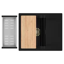 HD Onyx Black 58 egymedencés gránit mosogatótálca szett, csepegtetőtálcával, vágódeszkával, matt fekete csepegtetőráccsal és krómozott kosárral, matt fekete színben, szálcsiszolt arany leeresztő szifonnal