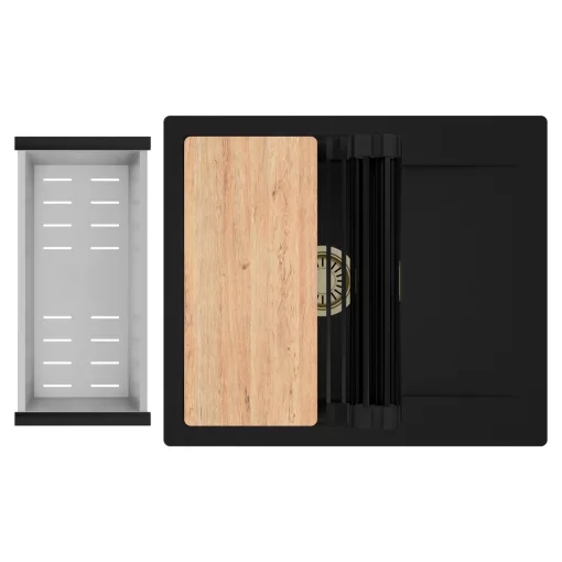 HD Onyx Black 58 egymedencés gránit mosogatótálca szett, csepegtetőtálcával, vágódeszkával, matt fekete csepegtetőráccsal és krómozott kosárral, matt fekete színben, szálcsiszolt arany leeresztő szifonnal