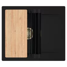 HD Onyx Black 58 egymedencés gránit mosogatótálca szett, csepegtetőtálcával, vágódeszkával, matt fekete csepegtetőráccsal, matt fekete színben, szálcsiszolt arany leeresztő szifonnal