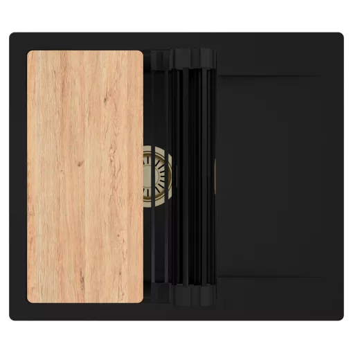 HD Onyx Black 58 egymedencés gránit mosogatótálca szett, csepegtetőtálcával, vágódeszkával, matt fekete csepegtetőráccsal, matt fekete színben, szálcsiszolt arany leeresztő szifonnal