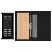 HD Onyx Black 58 egymedencés gránit mosogatótálca szett, csepegtetőtálcával, vágódeszkával, acél csepegtetőráccsal és matt fekete kosárral, matt fekete színben, szálcsiszolt arany leeresztő szifonnal