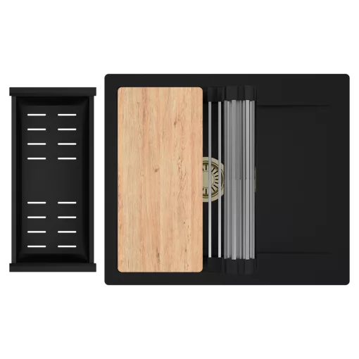 HD Onyx Black 58 egymedencés gránit mosogatótálca szett, csepegtetőtálcával, vágódeszkával, acél csepegtetőráccsal és matt fekete kosárral, matt fekete színben, szálcsiszolt arany leeresztő szifonnal