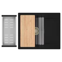 HD Onyx Black 58 egymedencés gránit mosogatótálca szett, csepegtetőtálcával, vágódeszkával, acél csepegtetőráccsal és kosárral, matt fekete színben, szálcsiszolt arany leeresztő szifonnal