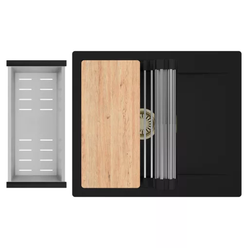 HD Onyx Black 58 egymedencés gránit mosogatótálca szett, csepegtetőtálcával, vágódeszkával, acél csepegtetőráccsal és kosárral, matt fekete színben, szálcsiszolt arany leeresztő szifonnal