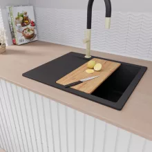 HD Onyx Black 58 egymedencés gránit mosogatótálca szett, csepegtetőtálcával, vágódeszkával, acél csepegtetőráccsal és kosárral, matt fekete színben, szálcsiszolt arany leeresztő szifonnal