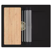 HD Onyx Black 58 egymedencés gránit mosogatótálca szett, csepegtetőtálcával, vágódeszkával, acél csepegtetőráccsal, matt fekete színben, szálcsiszolt arany leeresztő szifonnal