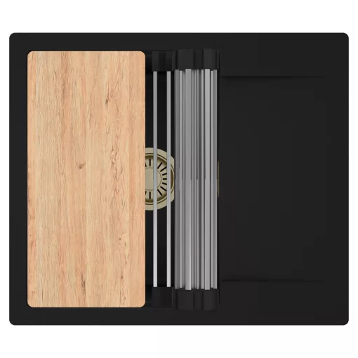 HD Onyx Black 58 egymedencés gránit mosogatótálca szett, csepegtetőtálcával, vágódeszkával, acél csepegtetőráccsal, matt fekete színben, szálcsiszolt arany leeresztő szifonnal