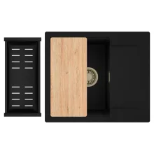 HD Onyx Black 58 egymedencés gránit mosogatótálca szett, csepegtetőtálcával, vágódeszkával, matt fekete csepegtetőkosárral, matt fekete színben, szálcsiszolt arany leeresztő szifonnal