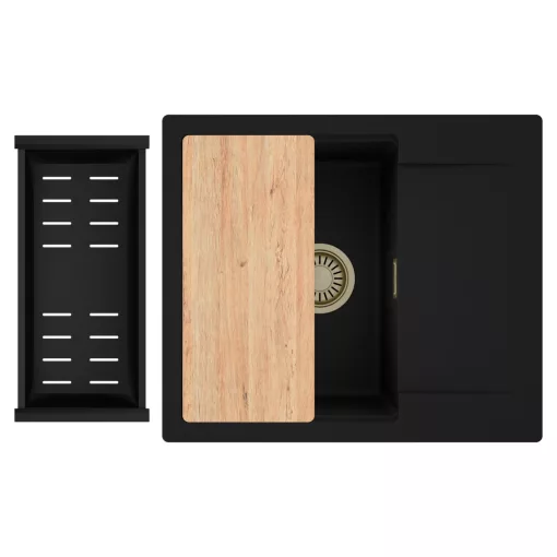 HD Onyx Black 58 egymedencés gránit mosogatótálca szett, csepegtetőtálcával, vágódeszkával, matt fekete csepegtetőkosárral, matt fekete színben, szálcsiszolt arany leeresztő szifonnal