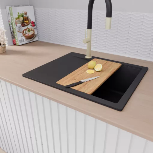 HD Onyx Black 58 egymedencés gránit mosogatótálca szett, csepegtetőtálcával, vágódeszkával, matt fekete csepegtetőkosárral, matt fekete színben, szálcsiszolt arany leeresztő szifonnal