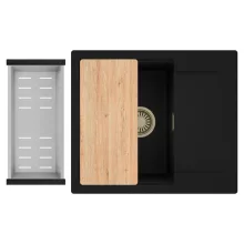 HD Onyx Black 58 egymedencés gránit mosogatótálca szett, csepegtetőtálcával, vágódeszkával, acél csepegtetőkosárral, matt fekete színben, szálcsiszolt arany leeresztő szifonnal