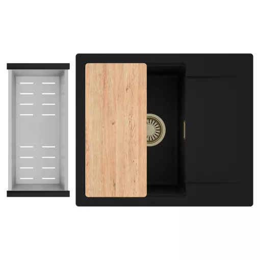 HD Onyx Black 58 egymedencés gránit mosogatótálca szett, csepegtetőtálcával, vágódeszkával, acél csepegtetőkosárral, matt fekete színben, szálcsiszolt arany leeresztő szifonnal