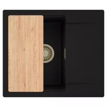 HD Onyx Black 58 egymedencés gránit mosogatótálca, vágódeszkával, matt fekete színben, szálcsiszolt arany leeresztő szifonnal