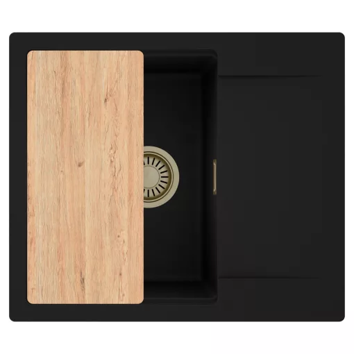 HD Onyx Black 58 egymedencés gránit mosogatótálca, vágódeszkával, matt fekete színben, szálcsiszolt arany leeresztő szifonnal