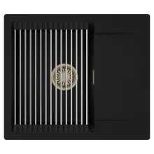 HD Onyx Black 58 egymedencés mosogatótálca szett, acél csepegtetőráccsal, csepegtetőtálcával, matt fekete színben, szálcsiszolt arany leeresztő szifonnal