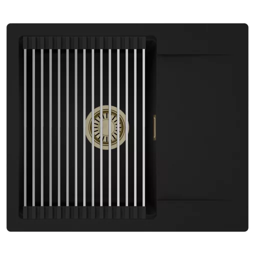 HD Onyx Black 58 egymedencés mosogatótálca szett, acél csepegtetőráccsal, csepegtetőtálcával, matt fekete színben, szálcsiszolt arany leeresztő szifonnal