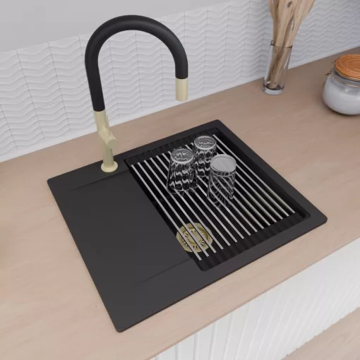 HD Onyx Black 58 egymedencés mosogatótálca szett, acél csepegtetőráccsal, csepegtetőtálcával, matt fekete színben, szálcsiszolt arany leeresztő szifonnal