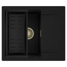 HD Onyx Black 58 egymedencés mosogatótálca szett, matt fekete csepegtetőkosárral, csepegtetőtálcával, matt fekete színben, szálcsiszolt arany leeresztő szifonnal