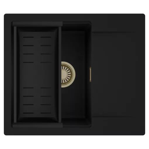 HD Onyx Black 58 egymedencés mosogatótálca szett, matt fekete csepegtetőkosárral, csepegtetőtálcával, matt fekete színben, szálcsiszolt arany leeresztő szifonnal