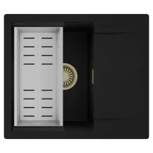 HD Onyx Black 58 egymedencés mosogatótálca szett, acél csepegtetőkosárral, csepegtetőtálcával, matt fekete színben, szálcsiszolt arany leeresztő szifonnal